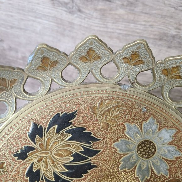Vtg Enamel & Brass Pedestal Bowl Tray Floral Design Solid Cut 10" Made in India - Picture 11 of 14